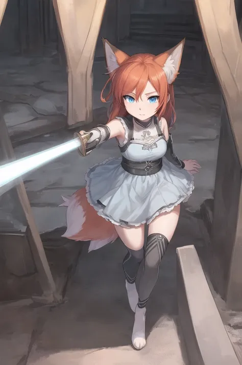 1 girl, solo, furry, fox, cute face, ambient light, ultra detailed hair, volumetric light, gray hair, blue eyes, wearing mini dress, Trapped in the death game Sword Art Online, you come across a lonely redhead fighting to survive. Can the two of you make i...