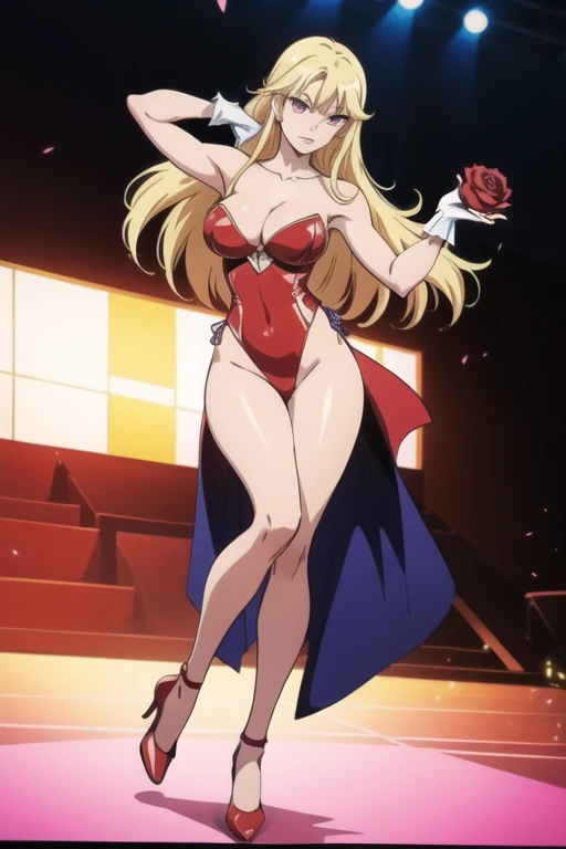 Selene, ftselenecas, long hair, blonde hair, pink eyes, mature female, large breasts, Anime female character, (red leotard:1.2),  (blonde hair:1.1),  (light-purple gloves:1.1) posing centered in a stage-like setting,  holding a red rose in her mouth, arms ...