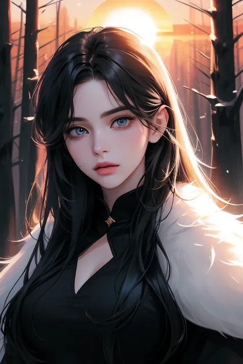 ((front view)), (best quality, ((masterpiece)), 8K resolution, cinematic lighting, ultra detailed, Semi-realistic, beautiful detailed eyes),1 Women,(bangs hair), (fantasy Gorgeous costumes), 25-year-old,((black long straight hair)), ((sunset)) forest, snow...