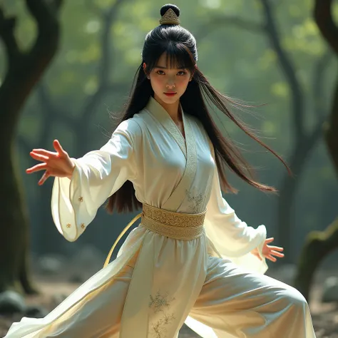 Chinese Martial Arts Praying Mantis（Mantis Martial Arts）A woman who has mastered、One woman、、 pretty girl、 long black hair、 with bangs aligned above the eyebrows、Wearing a Chinese dress、Put your left hand forward and hold your right hand around your waist 、...