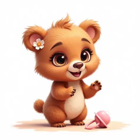 A female cute baby bear cub, soft fluffy brown fur, big innocent eyes, long eyelashes, smiling, wearing a diper, flower on her ear, baby pacifier besides, pastel colors, cartoon style, white background, standing in a blanket, nursery art, high quality, det...