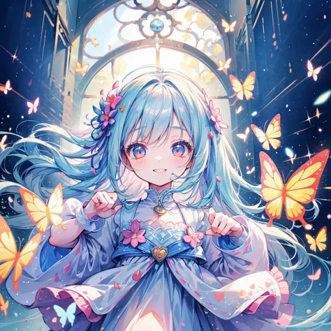 Chibi、cute、1girl, pretty face、Baby Face、((( dynamic best composition with a smile and staring at the top、 top quality、 greatest masterpiece、 super detailed、 high definition)))、 absurd、 fantasy standing in a church、Looking up with a smile 、butterfly style、h...