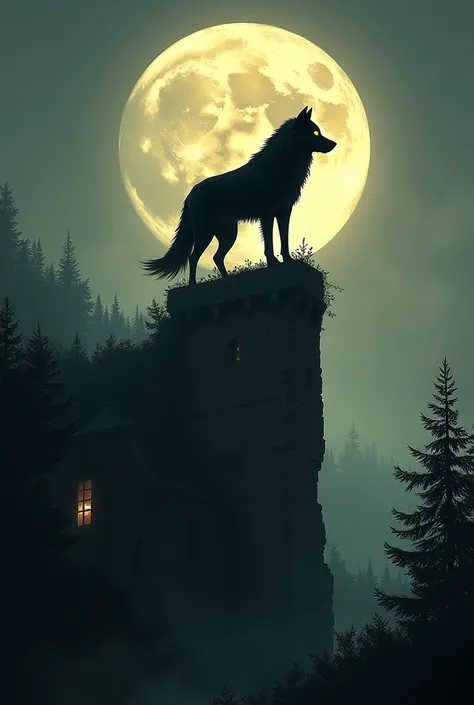  An image with traces of a Renaissance painting of a black wolf with a golden iris of his eyes in a dark forest at night with a pale moonlight in the background, this wolf will be at the top of an abandoned and ruined castle 