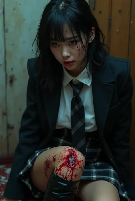 A beautiful Asian woman, blazer with tie, plaid micro miniskirt, long boots, suffering expression, crying, heavy bleeding from her thighs, (((knife piercing her thigh))), man stabbing her thigh with a knife,(best quality,4k,8k,highres,masterpiece:1.2),ultr...