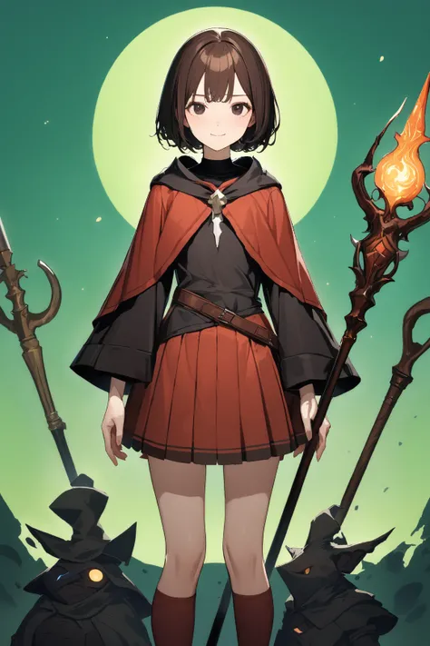 (green background:1.3), No wind, character sprite, Break, 
1 girl, (cute face), Intelligent Look, light smile, , petite, 150 cm tall,, Standing, feet out of frame, (black short hair, blunt ends), black eyes, (flat chest:1.2), slim, (dark brown Mage Outfit,...