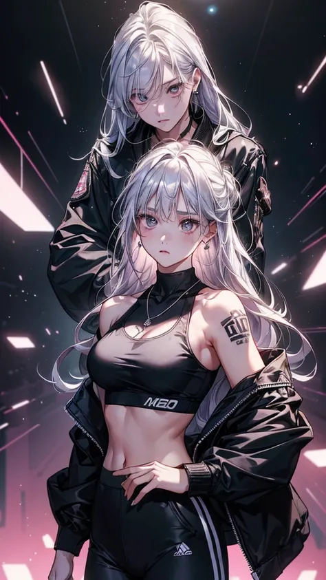 最high quality、best image quality、masterpiece、girl((20-year-old、 By becoming、vest bust、medium bust,wide open breast tea、shining eyes, silver hair、long hair、thin,highest valley、black sports bra、black sports pants、shoulder tattoo,diamond earrings、Wristband、bl...