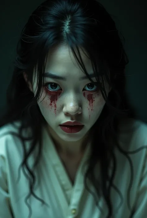  A close-up image of the ghostly face of a vengeful woman from Taiwan.  She wore a worn white long dress , filled with dirt and blood stains .  Her gaze radiated deep anger and sadness .  The overall atmosphere was dark and terrifying ,  with movie-style l...