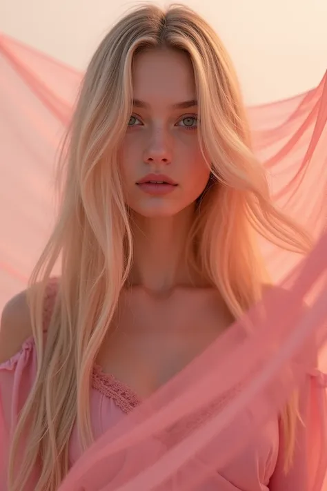 An enchanting scene focusing on the front of a half See face girl with ultra-long, straight blond hair cascading down her front. Her hair is voluminous and abundant, creating a mesmerizing visual as it gently sways in the warm, pink-hued atmosphere.The set...