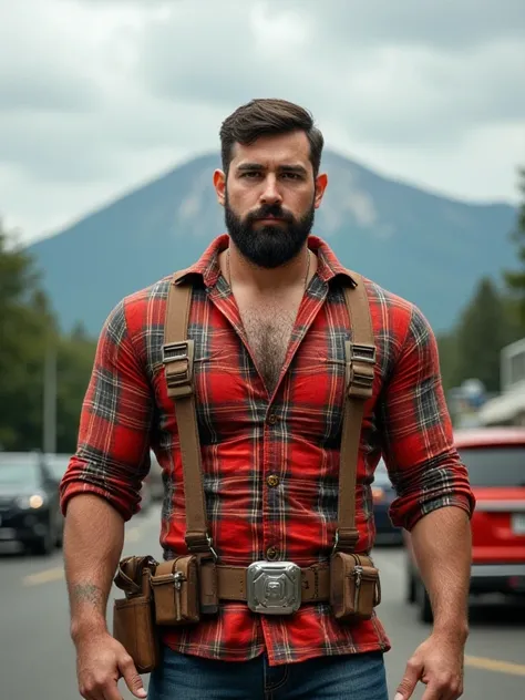 obra maestra, Mejor calidad, high resolution, Retrato de primer plano, (1 chico:1.4) A man in a lumberjack suit, muscular, (con camisa: 1.2) enfoque masculino, enfocarse solo, piel bronceada, 38-year old man,  muscular, fuerte, peludo, Masculino, (descamis...