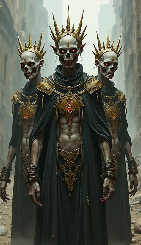 A detailed digital illustration featuring a trio of zombies, their bodies adorned with intricate patterns and sharp spikes. Their outfits, shrouded in mystery, are adorned with gold accouding heads, adding mystery and intrigue to the futuristic scene.