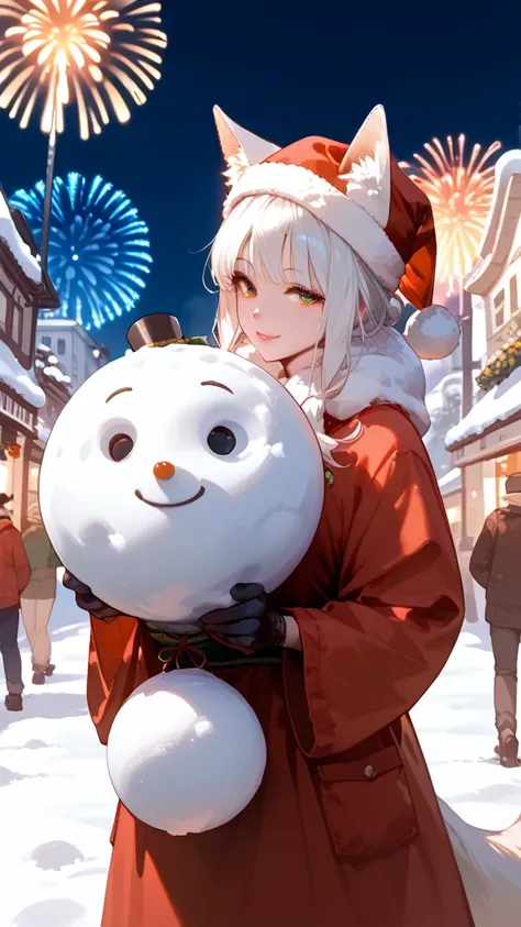 Furry , anime, fox girl, stands on the street, Lots of snow, snowman,  in the sky fireworks ,  looking at the audience clothes : santa , New Years cap,  long snow-white hair,