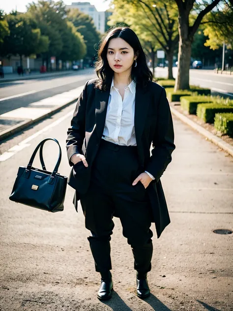 ((((Huge)))) a woman in a suit and bag standing on a sidewalk, long hair, blue eyes, shirt, black hair, holding, blue hair, earrings, outdoors, handbag, holding bag, photo background