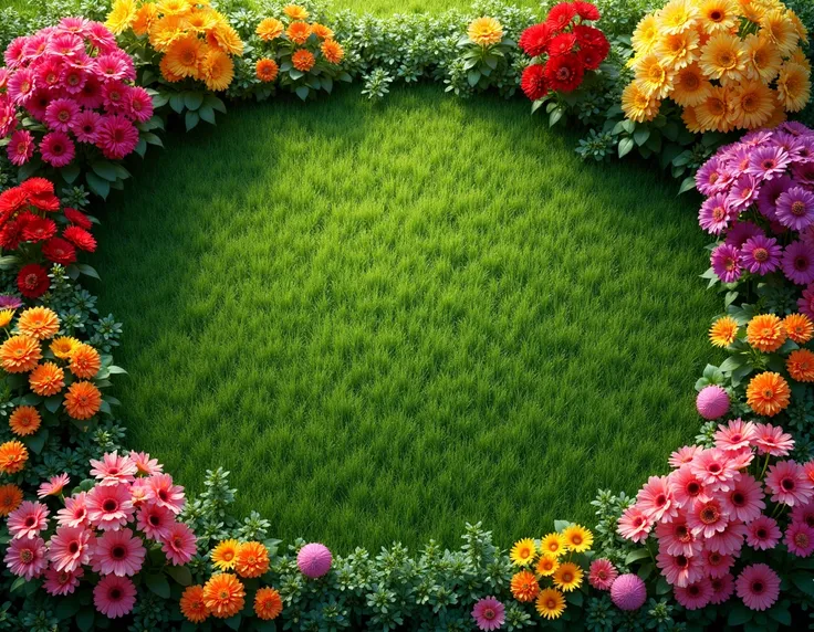 grass with home flowers view from above,  photorealism 