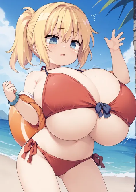 1 girl, ponytail, background Beach, ((gigantic breast)), breast expansion, baby face, bikini, belly, Navel, Strict, Cleavage, Blushing, loli, short girl