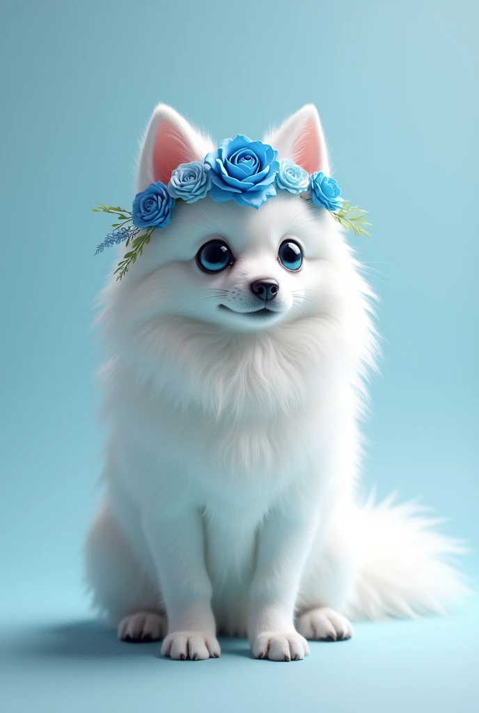 A pure white spitz with a blue rose headdress