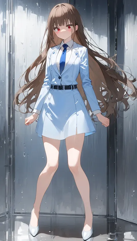 Brown Hair、 long hair、bangs、ribbon、 sad face、Red Eyes、 full body style that reflects your whole body、Normal milk、 narrow waist 、Bare legs、 in a suit、Light blue jacket, collared shirt 、 white shirt、 blue tie,belt, light blue tight skirt ,white heel pumps、