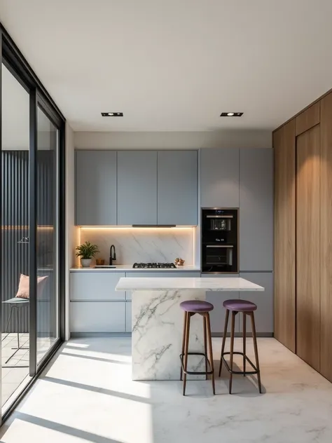  The kitchen and service area integrated into a rectangular space of 16m² of an apartment in Rio de Janeiro,  with ceiling height of 2 ,40m,  are separated by a ribbed glass partition .  In the center of the rectangular kitchen there is a support island wi...