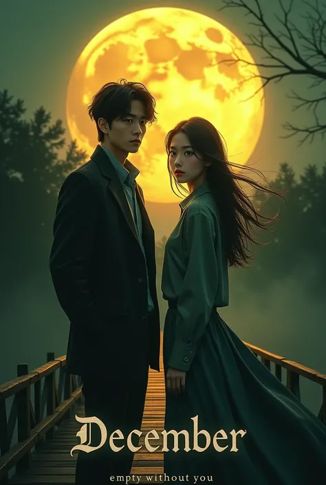 

 A Korean man and woman staring at the camera smiling with emotional facial expressions radiated amid the dark night atmosphere,  accompanied by a large golden yellow full moon as a background .  The wavy brown mens hair ,  looks disheveled but alluring ...