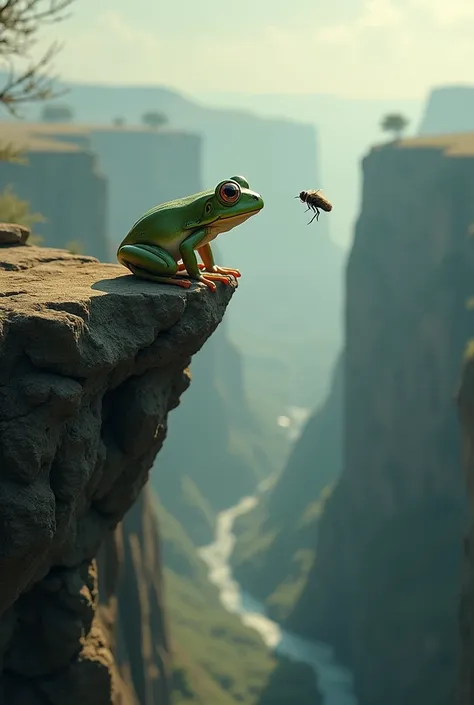 Frog following a fly to the end of a cliff but did not catch the fly so the frog fall to the cliff