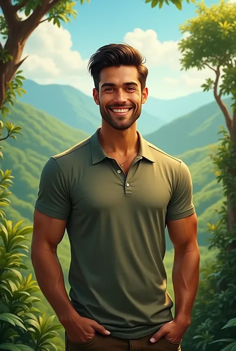 Full picture of a tall handsome guy smiling with a background of green nature