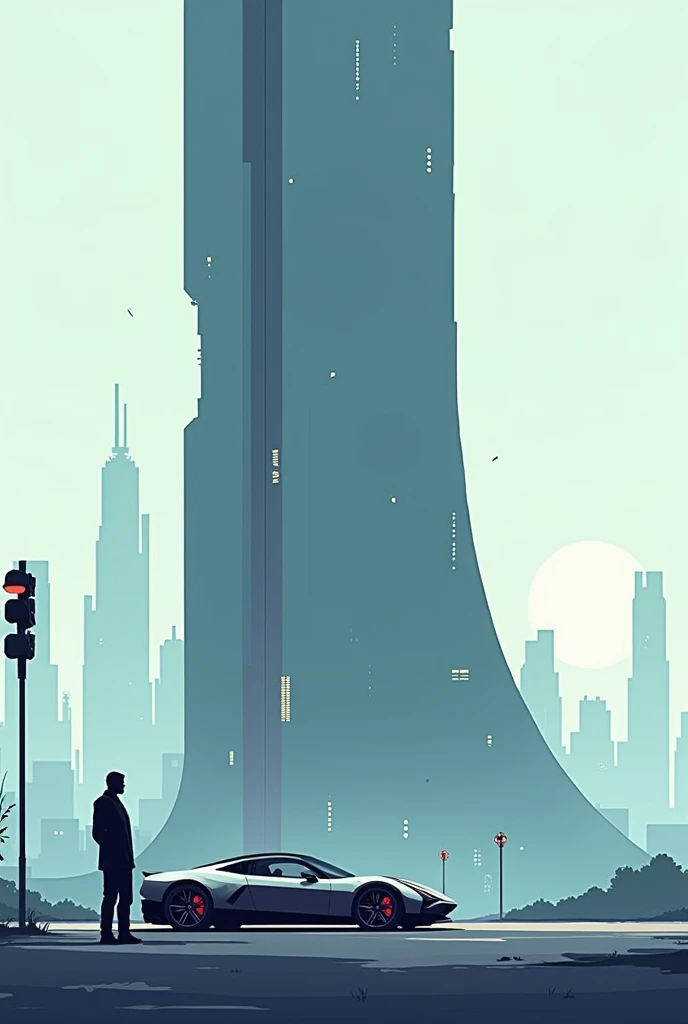 Cyberpunk City huge building close-up view with a car parked near it, 2d simple flat vector art, minimal detail