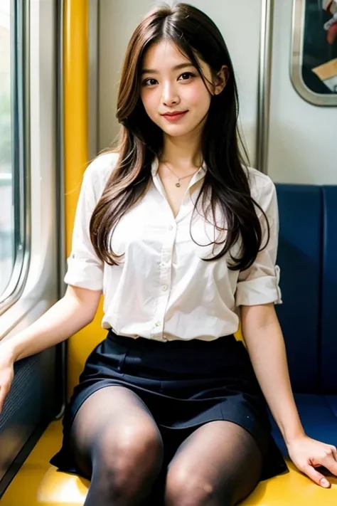 (masterpiece, Highest quality, 8k, RAW Photos, beautifully、aesthetic:1.2),  Intricate details, indirect lighting, Realistic,
whole body, Sitting on a chair on the train、Staring at the viewers、Voyeur, (Ultra-realistic pantyhose)、
 Training women , Chair to ...