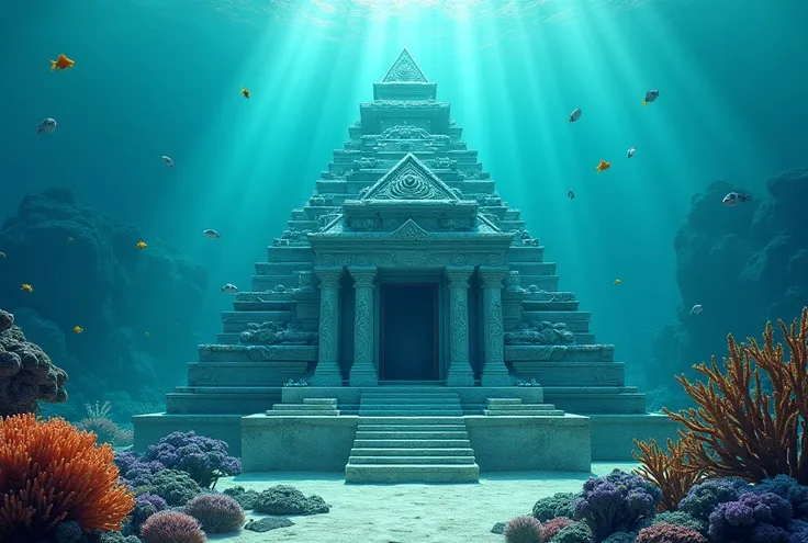 realistic detailed temple at the bottom of the sea, tiffany blue color, pyramid, marine vegetation, intricate carvings, best quality, 8k, highres, masterpiece, ultra-detailed, photorealistic, physically-based rendering, extreme detail description, professi...