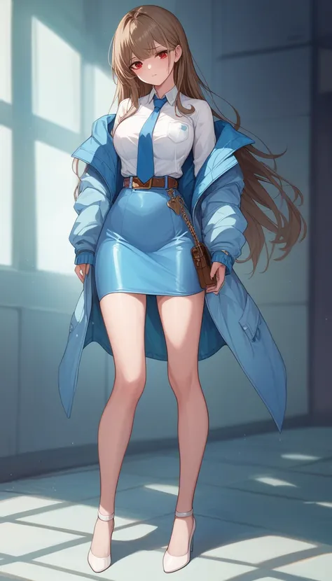 Brown Hair、 long hair、bangs、ribbon、 sad face、Red Eyes、 full body style that reflects your whole body、Normal milk、 narrow waist 、Bare legs、 in a suit、Light blue jacket, collared shirt 、 white shirt、 blue tie,belt, light blue tight skirt ,white heel pumps、