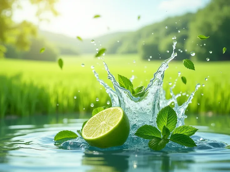 lime & mint water splash, green field atmosphere. lime slice & mint leaves. 