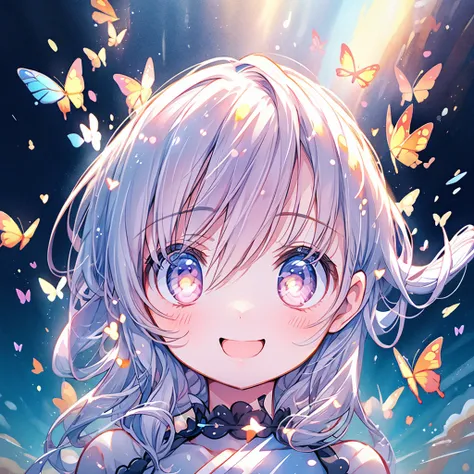 Chibi、cute、1girl, pretty face、Baby Face、((( dynamic best composition with a smile and staring at the top、 top quality、 greatest masterpiece、 super detailed、 high definition)))、 absurd、 fantasy standing in a church、Looking up with a smile 、butterfly style、h...