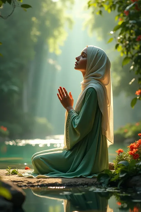 A Muslim women praying in the paradise 