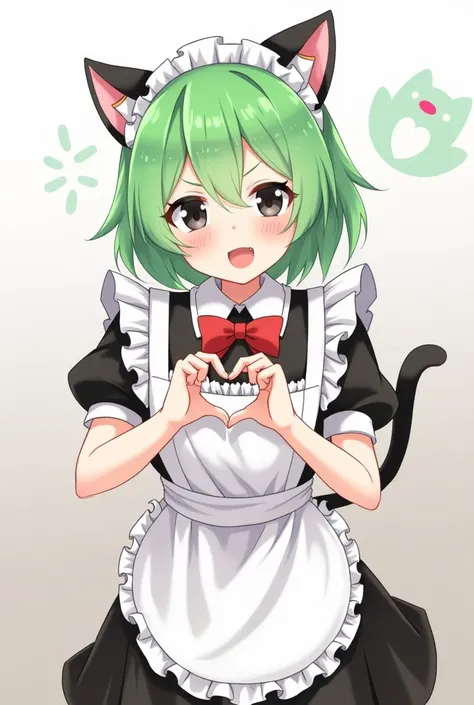 Cat ears　male　 maid outfit 　 laughing　Her hair color is green.　Hand heart shape 　Eye color: black