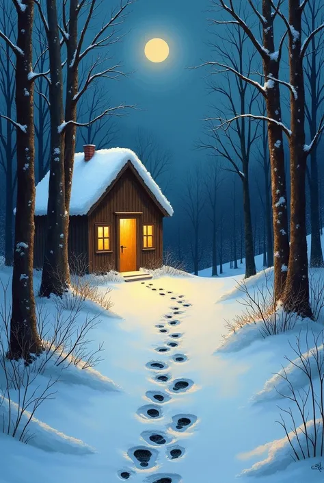 Footprints in Snow, In a snow covered forest, a path leads to a warm cottage, with footprints gathering in front of the door. The sky is deep blue, with moonlight shining on the snow. The windows of the cottage emit a warm yellow glow. The painting style i...