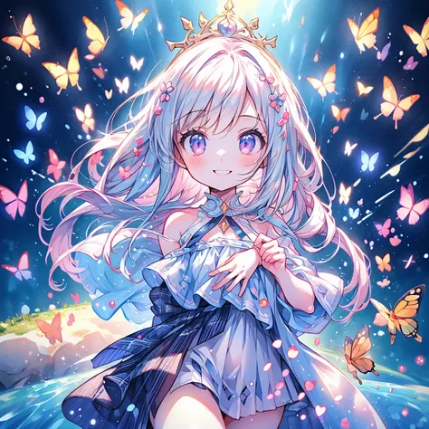 Chibi、cute、1girl, pretty face、Baby Face、((( dynamic best composition with a smile and staring at the top、 top quality、 greatest masterpiece、 super detailed、 high definition)))、 absurd、 fantasy standing in a church、Looking up with a smile 、butterfly style、h...