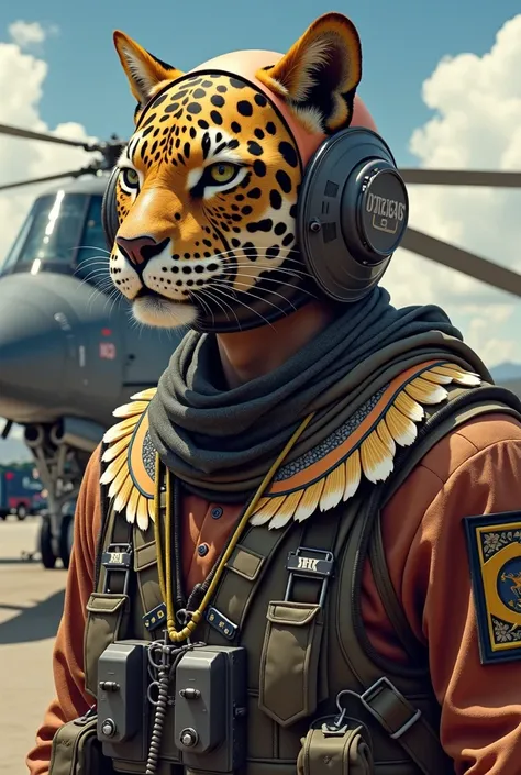  merges on the helmet illustrates in a real way a military pilot with an aviation pilots helmet and a human face,  but that the costume of a jaguar warrior . a furious jaguar ,  and the pilot is wearing the uniform of a Colombian war pilot ,  details highl...