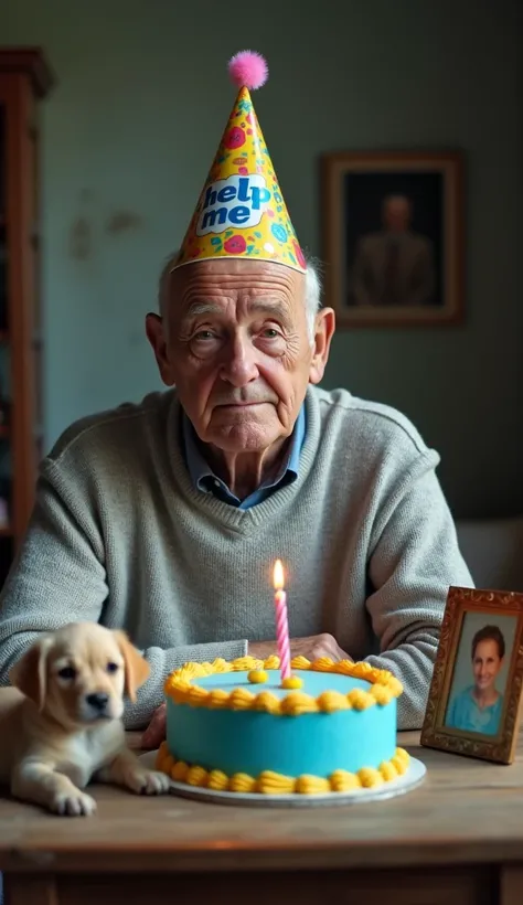 An elderly man in a LIVING ROOM. He is sitting at a SMALL table with a sad, introspective expression. The man is wearing a light gray sweater. He is clean-shaven, and his wrinkled face betrays his advanced age. His furrowed forehead and eyebrows express sa...