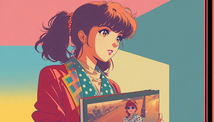 Create an anime-style illustration of a ponytailed girl happily browsing through a photo album, reminiscent of the 1980s American pop scene. The design incorporates elements such as a polka dot scarf, a plaid skirt, a shirt, and sunglasses. Use a flat colo...