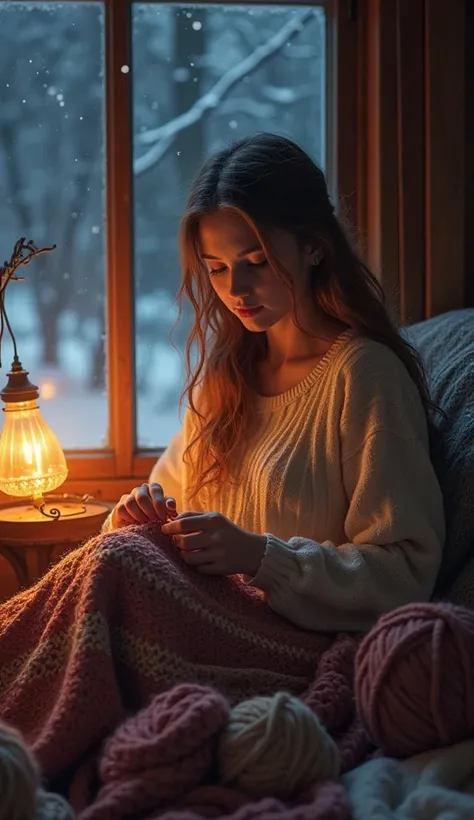 Image of a beautiful girl knitting a blanket at night in winter