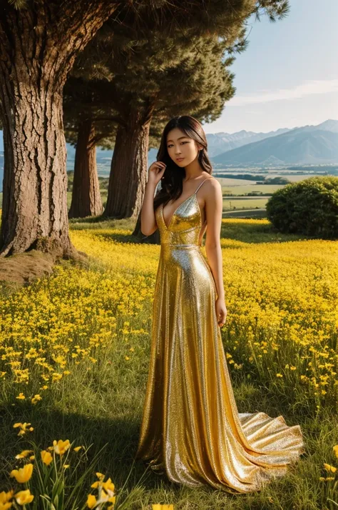 Иллюстрация, photo of a japanese woman wearing a golden shiny haute couture dress that shows a mirror reflection of the landscape and sky, golden crown, candles on the ground that reflect warmth in her face

