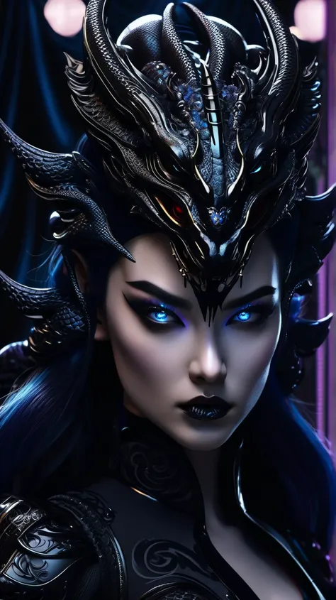 A mean girl, beautiful face, evil expression, piercing bright blue eyes, long eyelashes, detailed facial features, pale skin, dark makeup, dark outfit, cold demeanor, imposing presence, dramatic lighting, moody atmosphere, cinematic, dark fantasy, digital ...