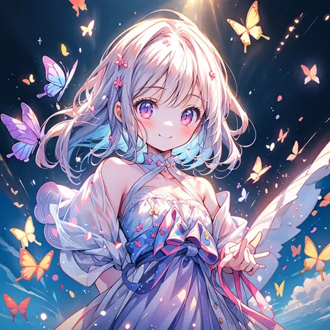 Chibi、cute、1girl, pretty face、Baby Face、((( dynamic best composition with a smile and staring at the top、 top quality、 greatest masterpiece、 super detailed、 high definition)))、 absurd、 fantasy standing in a church、Looking up with a smile 、butterfly style、h...