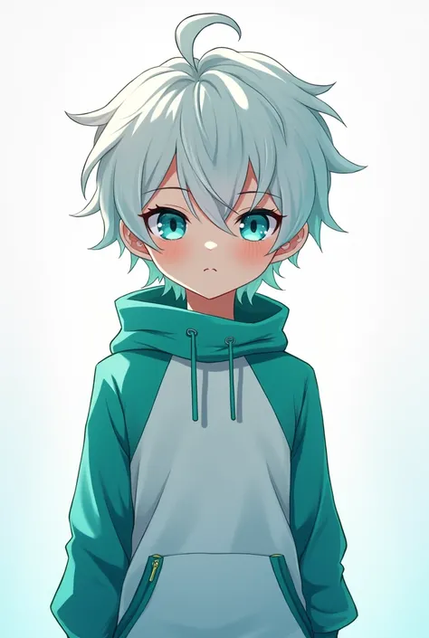 A boy with white and teal coloths anime white back ground and future