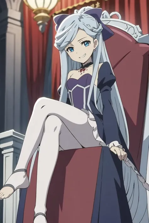 (((Best quality))),((Ultra-detailed)),((illustration)),((frilld)),(1 girl),(Solo), 1girl, shalltear sitting on a throne, crossed legs, evil smile, evil grin, frilled dress, black dress, bow, vampire, white pantyhose, toes, indoors, dark castle, night, look...