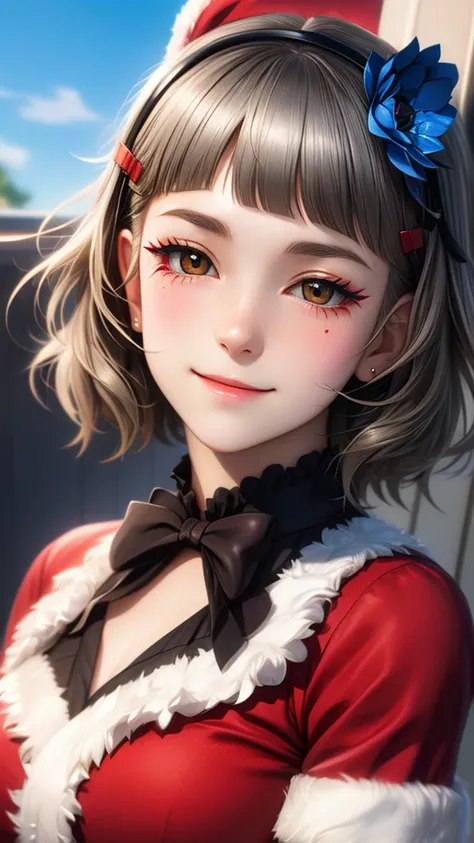 (((solo))), 1 woman, Sakuya Kurobane, sakuyaunif, kurobane_sakuya, (brown eyes), short hair, grey hair, black hairband, blue hair flower, red eyeliner, chest, blush, smile, (upper body), santa claus