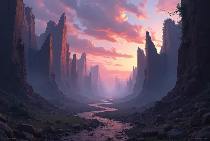 ((masterpiece,  top quality,  super detailed,  official art, Fantasy, decadent art)), landscape concept art, ruined rubble, canyon, thorns, artistic sky