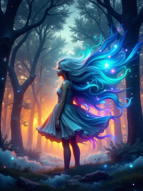 Neon，Glowing Neon, Desolate mysterious forest in fog，Beautiful girl with long white wavy hair，Stand in front，With wings，(Wings are formed by rainbow-colored Neon trails:1.3)，Surreal，fantasy，Stunning，Vision，whole body