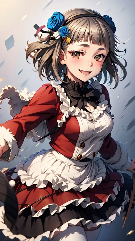 (((solo))), 1 woman, Sakuya Kurobane, sakuyaunif, kurobane_sakuya, (brown eyes), short hair, grey hair, black hairband, blue hair flower, red eyeliner, chest, blush, smile, (upper body), santa claus