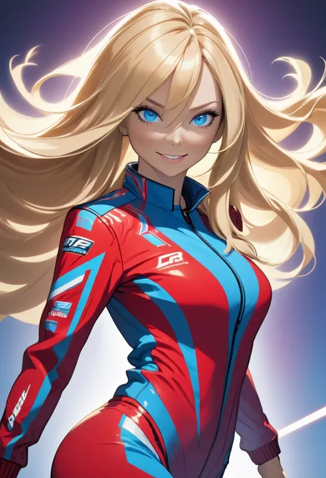 Create an image of a confident, sexy adult woman with long, flowing blond hair highlighted with streaks of red. She has striking blue eyes and a radiant smile. Dressed in a sleek and form-fitting car racer suit, she stands in a dynamic, action-ready pose, ...