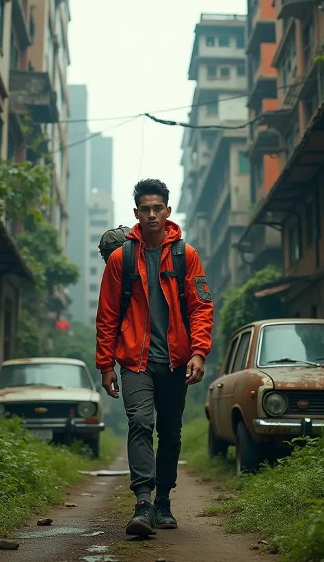 Create a scene featuring an indonesian man (25 years old) with a serious expression, dressed in a red jacket and carrying a backpack, standing in a post-apocalyptic city. The background shows tall, dilapidated buildings and overgrown vegetation, with aband...