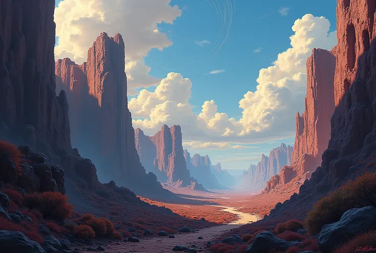 ((masterpiece,  top quality,  super detailed,  official art, Fantasy, decadent art)), landscape concept art, ruined rubble, canyon, thorns, artistic sky